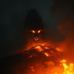 A powerful Chinese dragon emerging from a fiery hill shrouded in darkness during the night