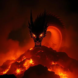 A powerful Chinese dragon emerging from a fiery hill shrouded in darkness during the night