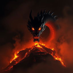 A powerful Chinese dragon emerging from a fiery hill shrouded in darkness during the night