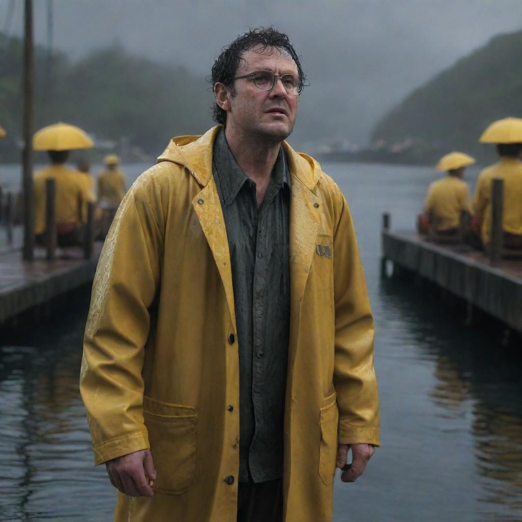 Render an image of a weary and drenched Denis Nedry finally reaching the docks at Isla Nublar, the weak harbor lights reflecting off the wet pier and his bright yellow raincoat