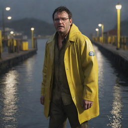 Render an image of a weary and drenched Denis Nedry finally reaching the docks at Isla Nublar, the weak harbor lights reflecting off the wet pier and his bright yellow raincoat