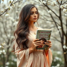A woman with long hair, standing elegantly while holding a book titled 'A Mulher Que Ora Fabíola'
