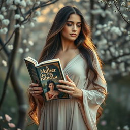 A woman with long hair, standing elegantly while holding a book titled 'A Mulher Que Ora Fabíola'
