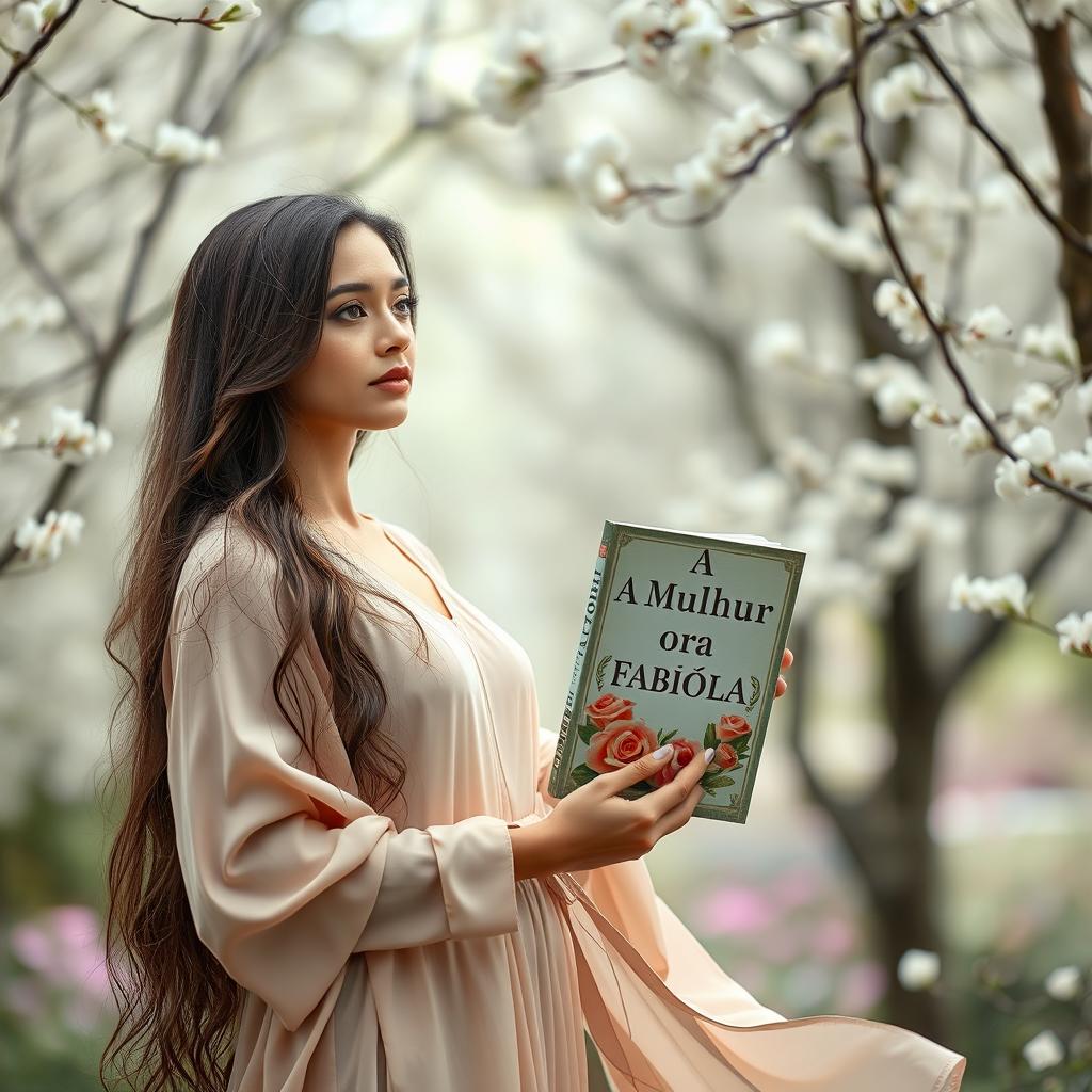 A woman with long hair, standing elegantly while holding a book titled 'A Mulher Que Ora Fabíola'