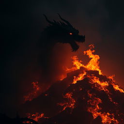 A majestic Chinese dragon emerging from a fiery hill during the night, mostly obscured by shadows and smoke, creating an aura of mystery