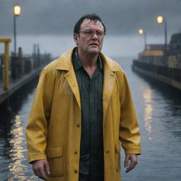 Render an image of a weary and drenched Denis Nedry finally reaching the docks at Isla Nublar, the weak harbor lights reflecting off the wet pier and his bright yellow raincoat