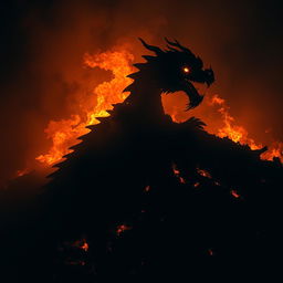 A majestic Chinese dragon emerging from a fiery hill during the night, mostly obscured by shadows and smoke, creating an aura of mystery