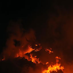 A majestic Chinese dragon emerging from a fiery hill during the night, mostly obscured by shadows and smoke, creating an aura of mystery