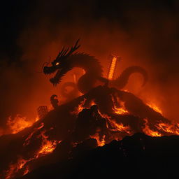 A majestic Chinese dragon emerging from a fiery hill during the night, mostly obscured by shadows and smoke, creating an aura of mystery