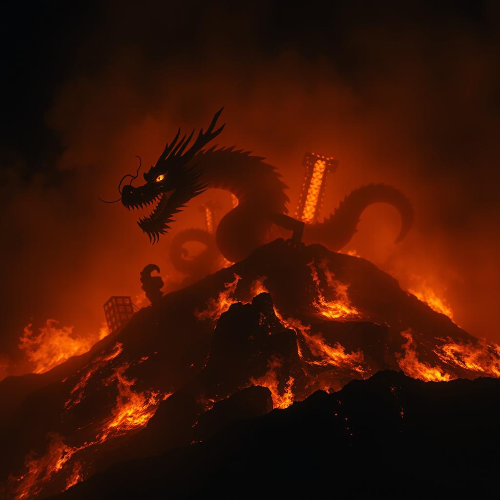 A majestic Chinese dragon emerging from a fiery hill during the night, mostly obscured by shadows and smoke, creating an aura of mystery