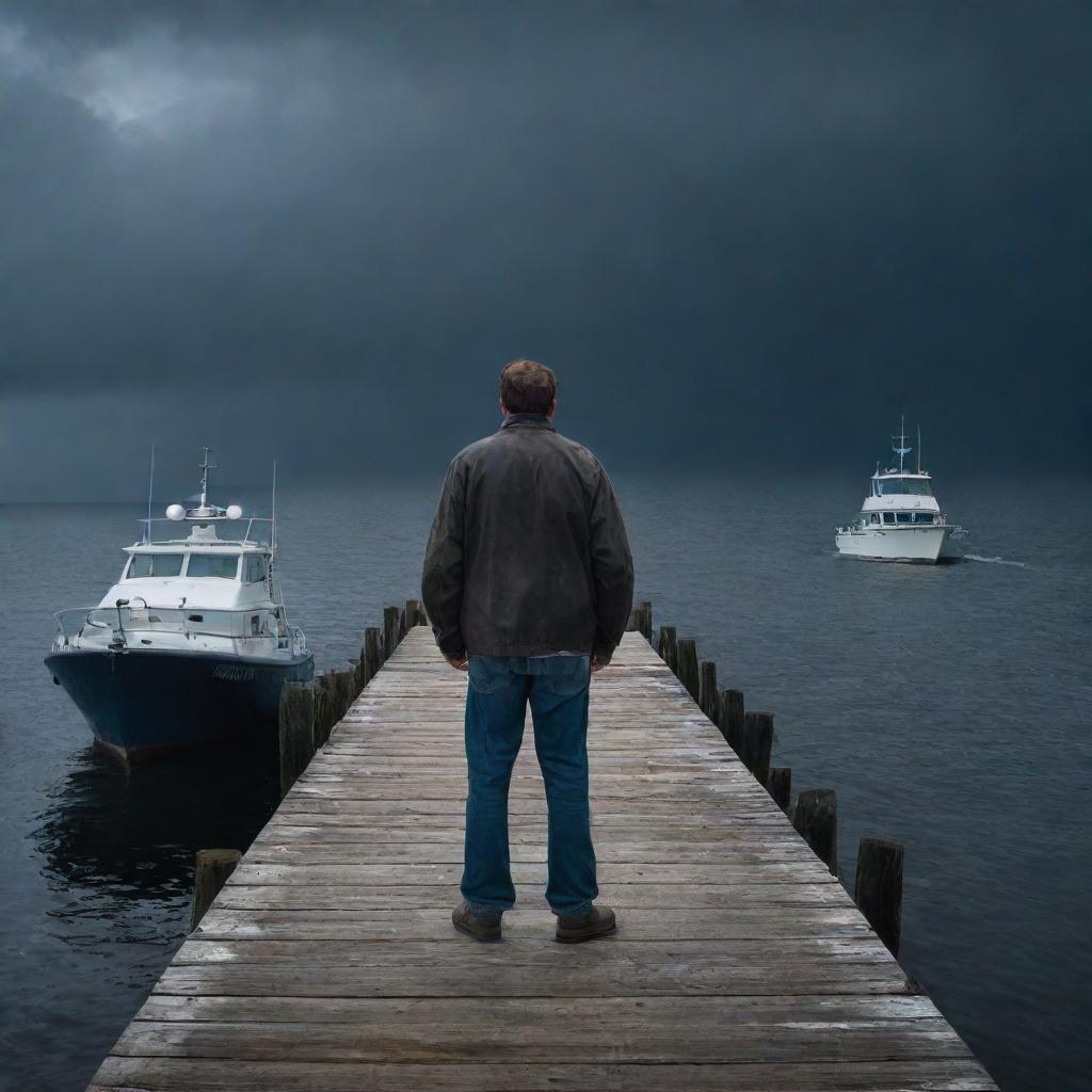 Create a dramatic image of Denis Nedry on the empty dock, fists clenched in frustration as he realizes his escape boat has already departed, leaving him alone under the stormy night sky.