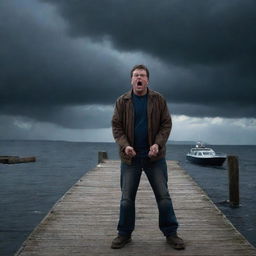 Create a dramatic image of Denis Nedry on the empty dock, fists clenched in frustration as he realizes his escape boat has already departed, leaving him alone under the stormy night sky.