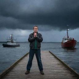 Create a dramatic image of Denis Nedry on the empty dock, fists clenched in frustration as he realizes his escape boat has already departed, leaving him alone under the stormy night sky.