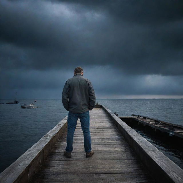 Create a dramatic image of Denis Nedry on the empty dock, fists clenched in frustration as he realizes his escape boat has already departed, leaving him alone under the stormy night sky.