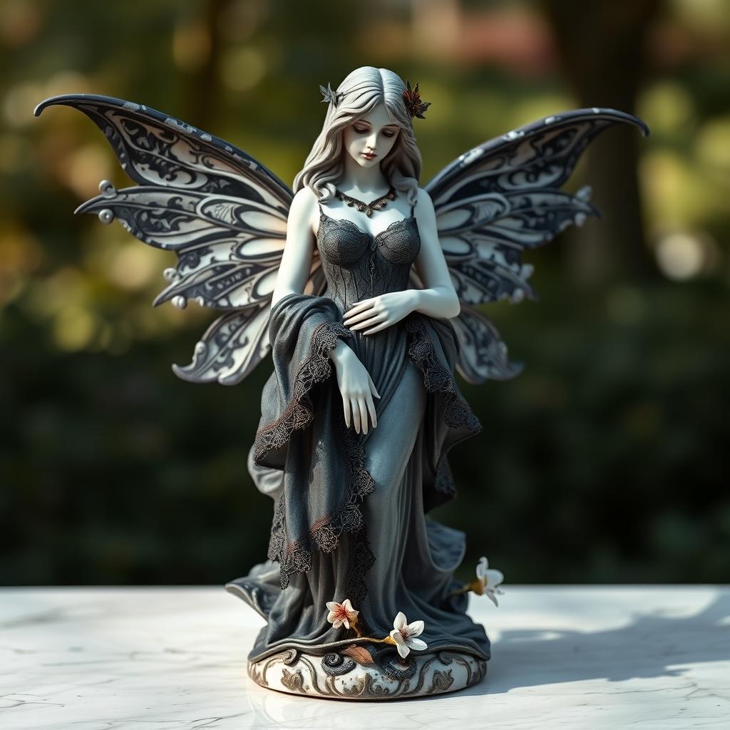 A stunning marble statue of a beautiful woman styled as a Goth fairy, featuring intricate details such as delicate wings adorned with gothic motifs, flowing dark garments with lace and velvet textures, and a serene expression on her face