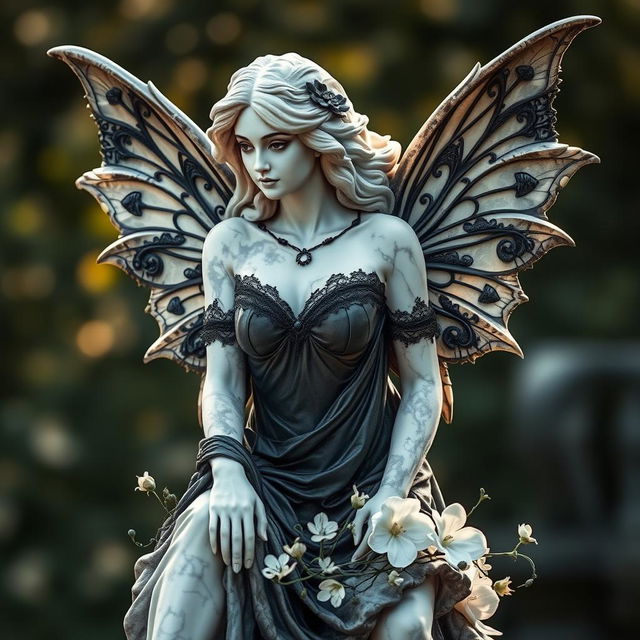 A stunning marble statue of a beautiful woman styled as a Goth fairy, featuring intricate details such as delicate wings adorned with gothic motifs, flowing dark garments with lace and velvet textures, and a serene expression on her face