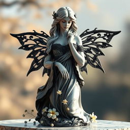 A stunning marble statue of a beautiful woman styled as a Goth fairy, featuring intricate details such as delicate wings adorned with gothic motifs, flowing dark garments with lace and velvet textures, and a serene expression on her face