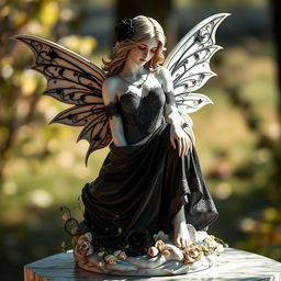 A stunning marble statue of a beautiful woman styled as a Goth fairy, featuring intricate details such as delicate wings adorned with gothic motifs, flowing dark garments with lace and velvet textures, and a serene expression on her face