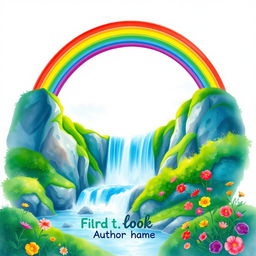 A vibrant and enchanting book cover design featuring a stunning rainbow arching gracefully over a majestic waterfall