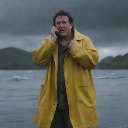 Generate an image of Denis Nedry, soaked in his yellow raincoat, desperately phoning InGen from the desolate harbor, as the storm intensifies over the unforgiving landscape of Isla Nublar.