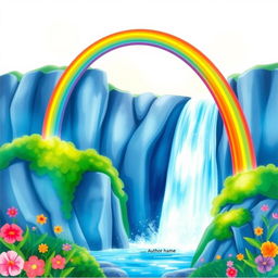 A vibrant and enchanting book cover design featuring a stunning rainbow arching gracefully over a majestic waterfall