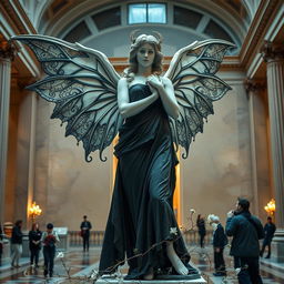 A captivating marble statue of a beautiful woman styled as a Goth fairy, prominently displayed in a grand museum setting