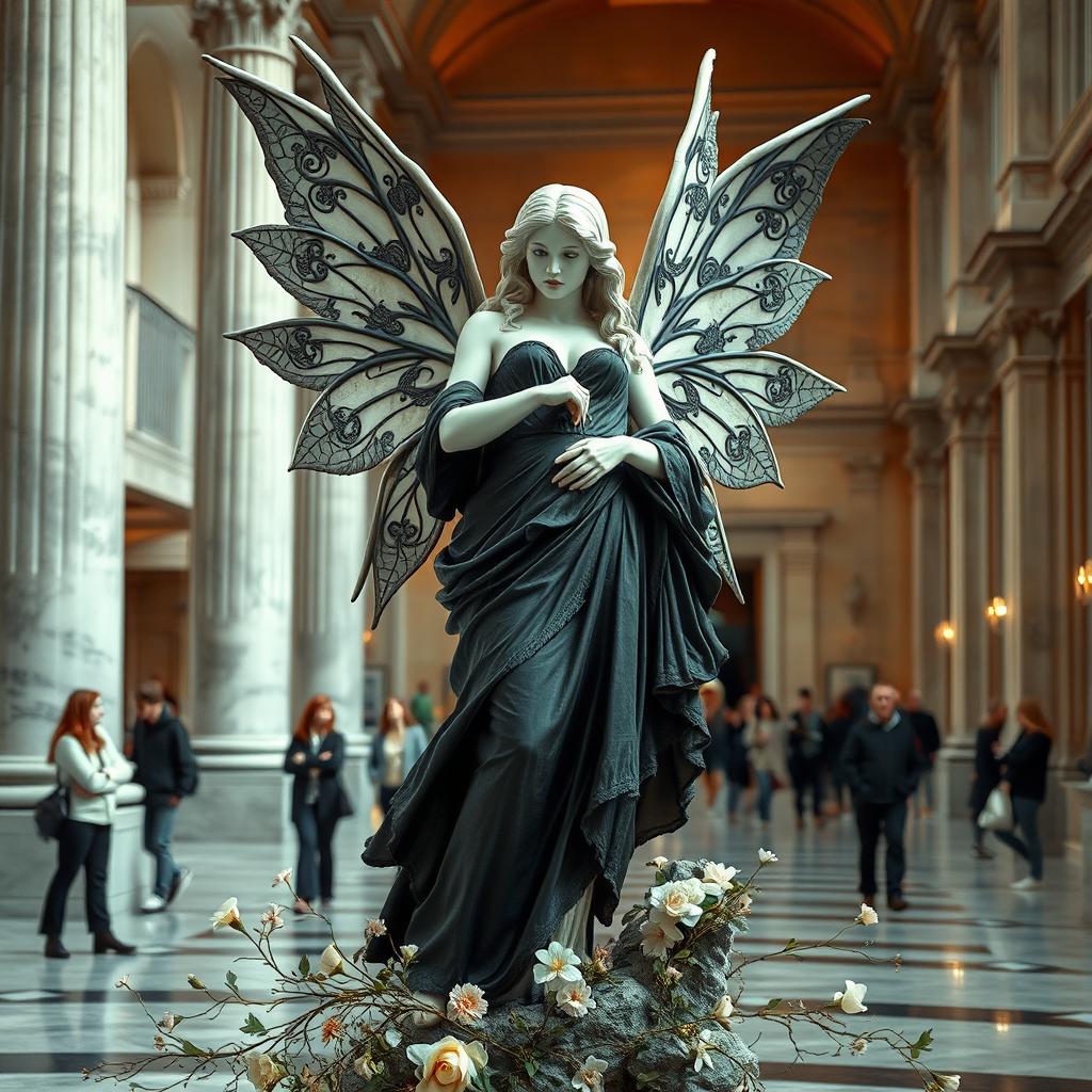 A captivating marble statue of a beautiful woman styled as a Goth fairy, prominently displayed in a grand museum setting