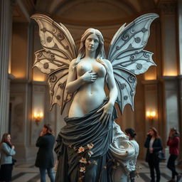 A captivating marble statue of a beautiful woman styled as a Goth fairy, prominently displayed in a grand museum setting