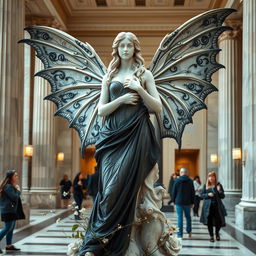 A captivating marble statue of a beautiful woman styled as a Goth fairy, prominently displayed in a grand museum setting