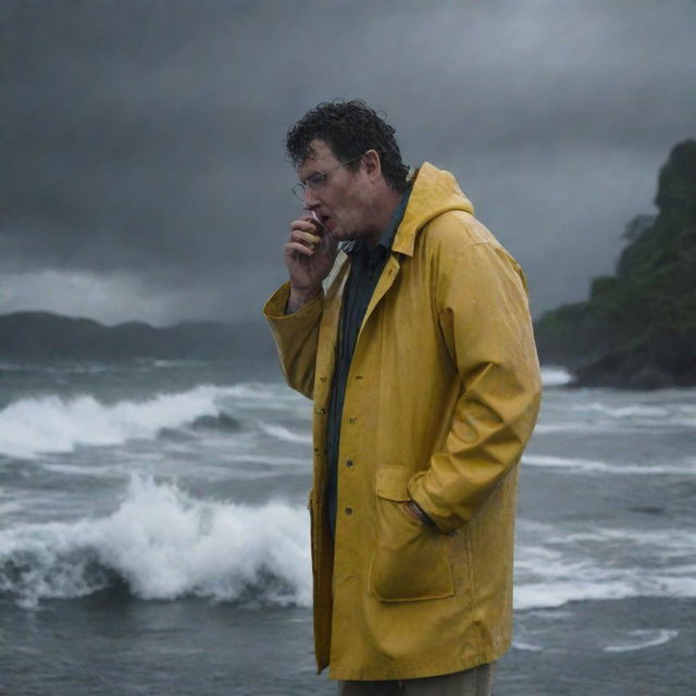 Generate an image of Denis Nedry, soaked in his yellow raincoat, desperately phoning InGen from the desolate harbor, as the storm intensifies over the unforgiving landscape of Isla Nublar.