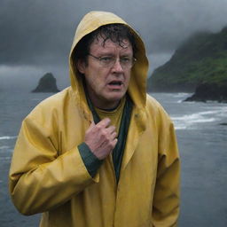 Generate an image of Denis Nedry, soaked in his yellow raincoat, desperately phoning InGen from the desolate harbor, as the storm intensifies over the unforgiving landscape of Isla Nublar.