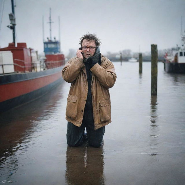 Illustrate an image of Denis Nedry slipping suddenly on the wet dock while on the phone, the harsh weather elements adding a dramatic effect to the scene.