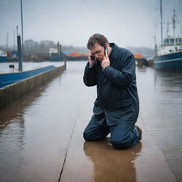 Illustrate an image of Denis Nedry slipping suddenly on the wet dock while on the phone, the harsh weather elements adding a dramatic effect to the scene.