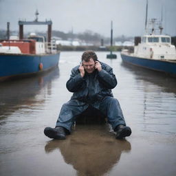 Illustrate an image of Denis Nedry slipping suddenly on the wet dock while on the phone, the harsh weather elements adding a dramatic effect to the scene.