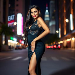 A beautiful and alluring woman with long flowing hair, wearing an elegant and form-fitting evening dress that accentuates her curves, standing confidently in an upscale urban setting at night