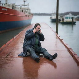 Illustrate an image of Denis Nedry slipping suddenly on the wet dock while on the phone, the harsh weather elements adding a dramatic effect to the scene.