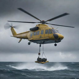 Craft an image of a rescue helicopter from InGen, emerging from the stormy skies to hoist a drenched and bewildered Denis Nedry from the slick docks of Isla Nublar.