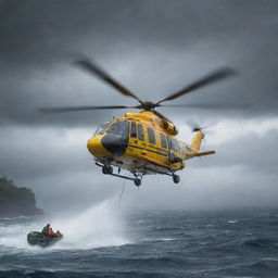 Craft an image of a rescue helicopter from InGen, emerging from the stormy skies to hoist a drenched and bewildered Denis Nedry from the slick docks of Isla Nublar.