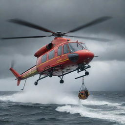 Craft an image of a rescue helicopter from InGen, emerging from the stormy skies to hoist a drenched and bewildered Denis Nedry from the slick docks of Isla Nublar.