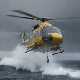 Craft an image of a rescue helicopter from InGen, emerging from the stormy skies to hoist a drenched and bewildered Denis Nedry from the slick docks of Isla Nublar.