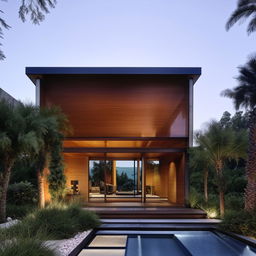 Exterior design of a modern styled house with sleek lines, glass walls, and minimalist landscapes.