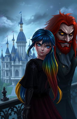 A mysterious and fantastical scene featuring Raimbelle, a girl with rainbow-colored hair and sapphire blue eyes, standing with her back turned