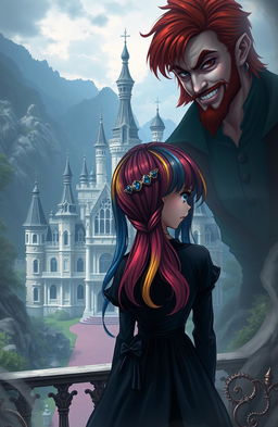A mysterious and fantastical scene featuring Raimbelle, a girl with rainbow-colored hair and sapphire blue eyes, standing with her back turned