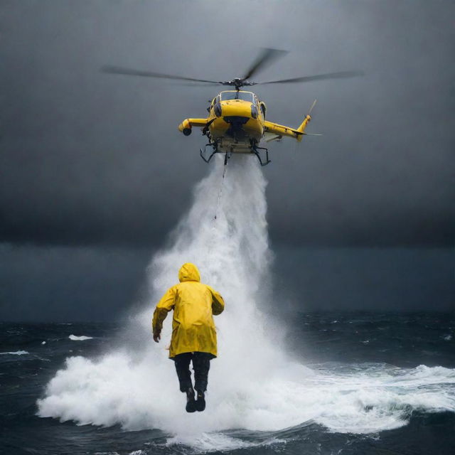 Generate a dramatic image of Denis Nedry falling from the helicopter, his yellow raincoat standing out against the dark stormy sky, as he descends towards the ominous churning sea below.