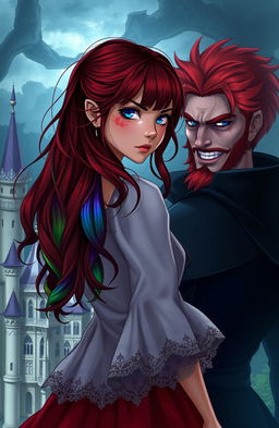 A mysterious and fantastical scene featuring Raimbelle, a girl with rainbow-colored hair and sapphire blue eyes, standing with her back turned