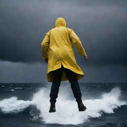 Generate a dramatic image of Denis Nedry falling from the helicopter, his yellow raincoat standing out against the dark stormy sky, as he descends towards the ominous churning sea below.