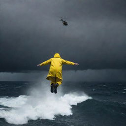 Generate a dramatic image of Denis Nedry falling from the helicopter, his yellow raincoat standing out against the dark stormy sky, as he descends towards the ominous churning sea below.