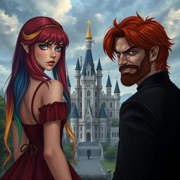 A mysterious and fantastical scene featuring Raimbelle, a girl with hair in the seven colors of the rainbow and captivating sapphire blue eyes, standing with her back turned