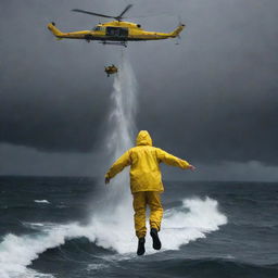 Generate a dramatic image of Denis Nedry falling from the helicopter, his yellow raincoat standing out against the dark stormy sky, as he descends towards the ominous churning sea below.