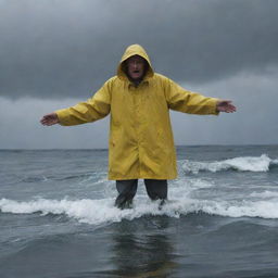 Depict a tragic image of Denis Nedry's empty yellow raincoat floating on the rough sea surface, signaling his disappearance beneath the waves, while the storm continues raging over Isla Nublar.